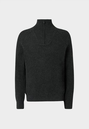 Sötétszürke bordázott kötésű pulóver fél cipzáros gallérral, raglán ujjakkal és testhez álló szegéllyel. Texturált anyagból készült, kényelmes, szoros illeszkedéssel.