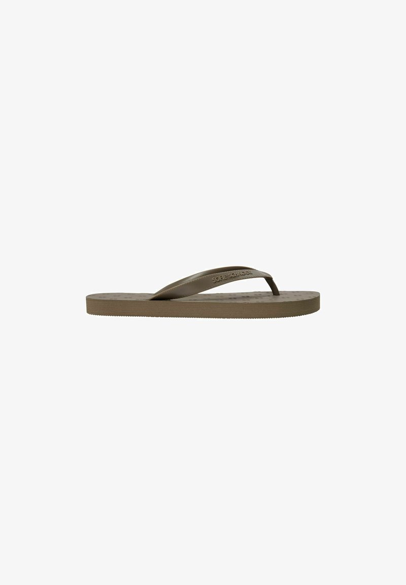 Sandale tongs en caoutchouc marron avec semelle texturée et bride de marque, inclinée pour montrer le profil latéral sur fond blanc.