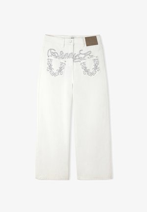 Jeans bianchi a gamba larga con motivi floreali ricamati sulle tasche posteriori e testo in corsivo sopra, con bottone e passanti per cintura.
