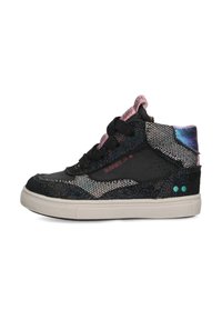 Sneaker alte nere e iridescenti con superficie testurizzata, dettagli rosa e suola in gomma bianca. Presente stringhe e logo.