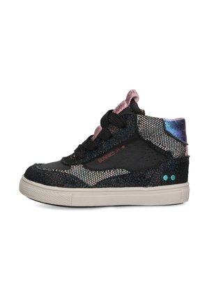 Black and iridescent high-top sneakers featuring a textured surface, pink accents, and a white rubber sole. Laces and logo detail present.