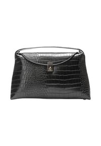 Čierna kabelka z umelej kože s krokod ílím vzorom, vybavená zaoblenou chlopňou a strieborným zapínaním. Dopĺňa ju úzky horný remienok.