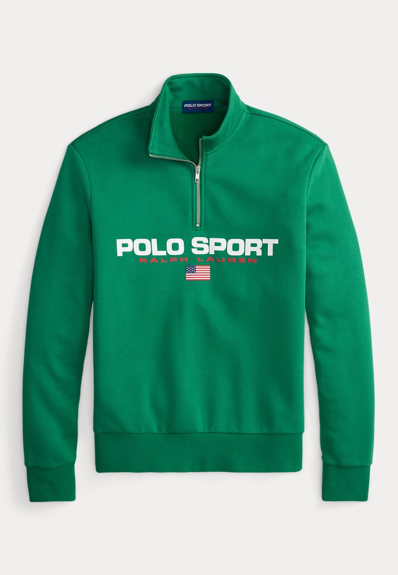 Green fleece pullover with half-zip collar, featuring a large white "POLO SPORT" logo, red "RALPH LAUREN" text, and a small U.S. flag icon.