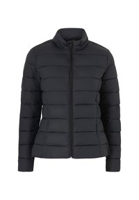 Veste matelassée noire avec fermeture éclair intégrale à l'avant, manches longues et col montant, conçue pour la chaleur et un usage décontracté.