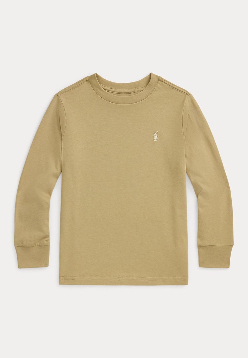 Beżowa koszula z długim rękawem, wykonana z bawełny, z okrągłym dekoltem, dopasowanymi mankietami oraz małym haftowanym logo na piersi. Gładka tekstura.