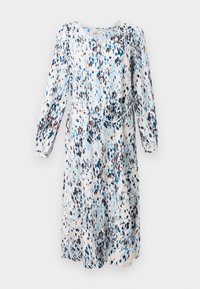 Floral patterned dress in light beige with blue and brown splashes, long sleeves, V-neckline, and a tied waist for a defined silhouette.