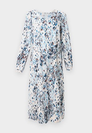 Kerge beeži värvi lillemustrilise kleidi siniste ja pruunide laigudega, pikad varrukad, V-kujuline kaelus ja seotud vöökoht määratletud silueti jaoks.