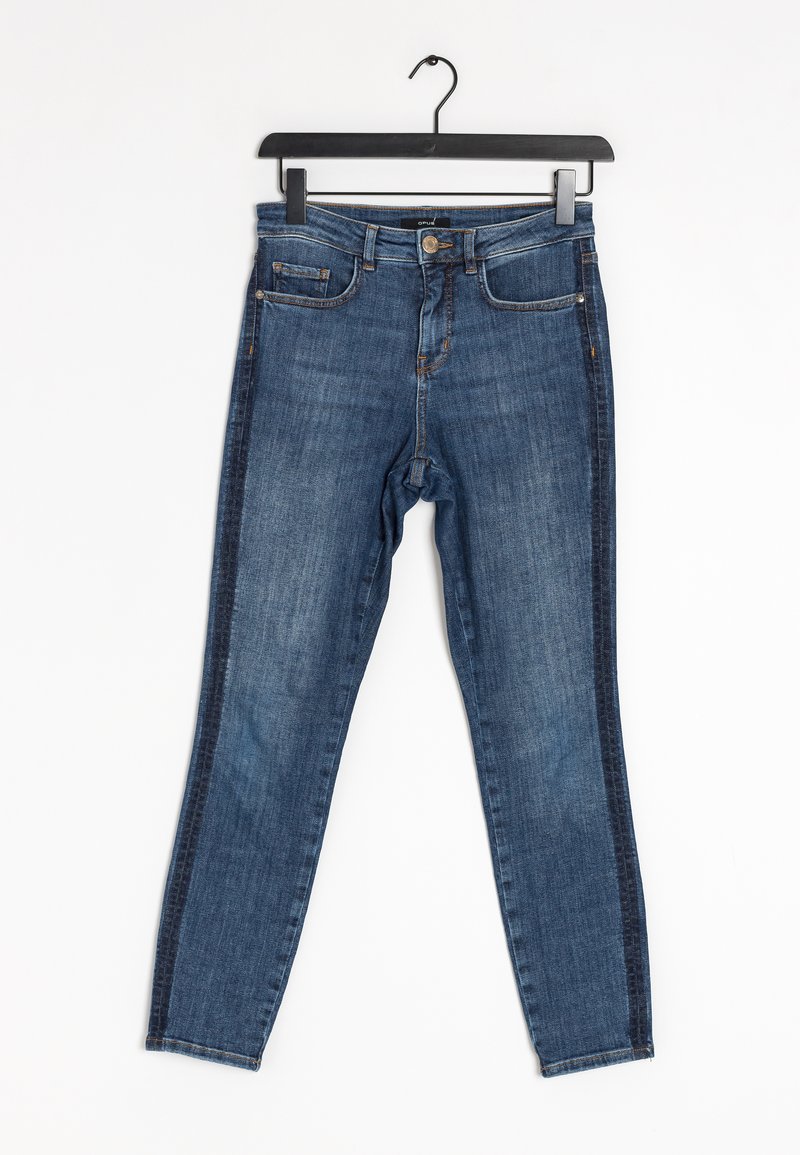 Dark blue denim skinny jeans with five pockets, front button closure, and contrast trim along the sides. Smooth texture and fitted design.