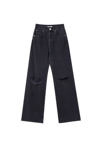 Mustat leveät farkut, joissa on revityt aukot molemmissa polvissa, etupainike- ja vetskarisulku sekä viisi taskua.