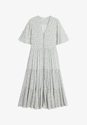 Hellblaues geblümtes Midikleid mit kurzen Ärmeln, V-Ausschnitt, Frontknöpfen und gestufter, geraffter Rock.