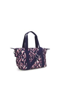 Multi-colored tote bag with a floral pattern in pink and navy, featuring sturdy straps and a zip closure, made of durable fabric.