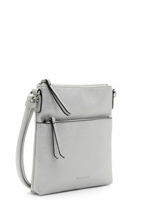 Borsa a tracolla in pelle grigia con finitura texturizzata, dotata di due scomparti con zip e tracolla removibile. Design minimalista con accenti eleganti.