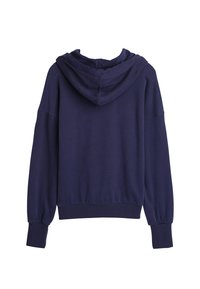 Navyblauwe hoodie van zacht materiaal, met een voorvak met knoopzak, een capuchon met trekkoord en ribgebreide manchetten en zoom.