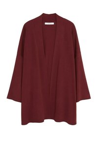Burgunderfarbene offene Strickjacke mit langen Ärmeln, aus weichem Material gefertigt. Hat einen lässigen Schnitt und ein minimalistisches Design ohne Verschlüsse.