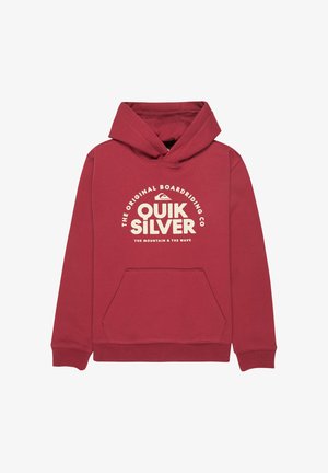 Czerwona bluza z kapturem, przednia kieszeń oraz biały napis z logo Quiksilver: "The Original Boardriding Co, The Mountain & The Wave."