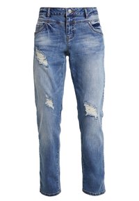 Ljust blå denimjeans med en avslappnad passform, som har slitna lappar framtill, femfickorsdesign och knappstängning.