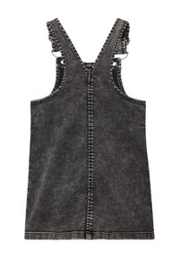 Donkergrijze acid-wash denim tuinbroek jurk met verstelbare schouderbanden en details van een naad in het midden vooraan, plat gelegd.