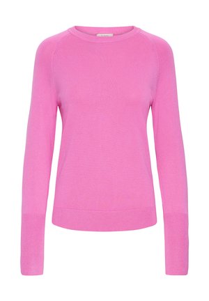 Pull en maille rose à manches longues, col rond, avec des bords côtelés aux poignets et à l'ourlet, présenté sur un fond blanc.