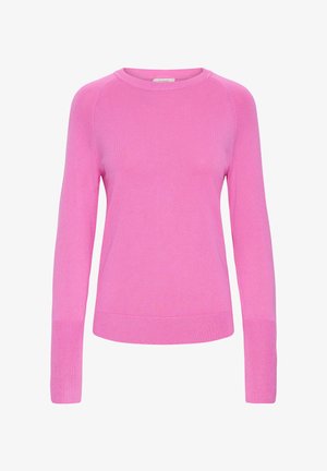 Rozā garām piedurknēm kreklota džemperis ar ribotām aprocēm un apakšmalu, novietots uz baltas fona.