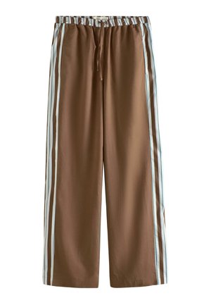 Brown wide-leg pants with white and dark brown vertical stripes on the sides and an elastic waistband with a drawstring.