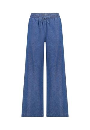 Wijde blauwe denimbroek met elastische tailleband en trekkoord, weergegeven op een witte achtergrond.