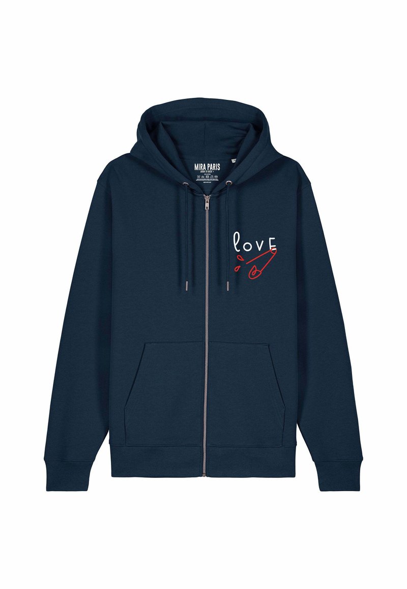 Navy zafu jaka ar rāvējslēdzēju, izgatavota no kokvilnas maisījuma. Tā ir aprīkota ar priekšējo kabatu, regulējamu kapuci un baltu/sarkanu "mīlestības" grafiku ar drošības adatas dizainu.