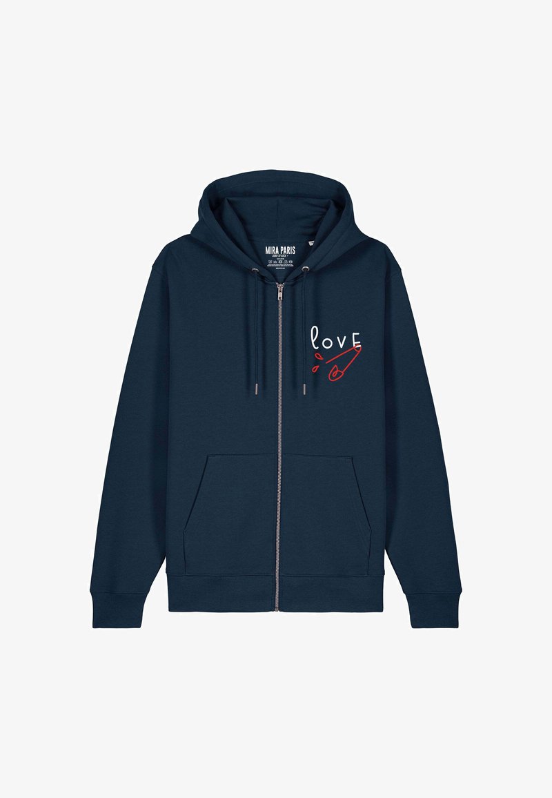 Navy zafu jaka ar rāvējslēdzēju, izgatavota no kokvilnas maisījuma. Tā ir aprīkota ar priekšējo kabatu, regulējamu kapuci un baltu/sarkanu "mīlestības" grafiku ar drošības adatas dizainu.