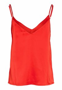 Camisole sans manches en satin rouge avec fines bretelles réglables et décolleté en V.