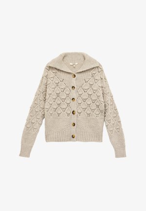 Cárdigan de punto beige con un amplio cuello de chal, que presenta patrones texturizados, cinco botones de madera y puños y dobladillo acanalados.