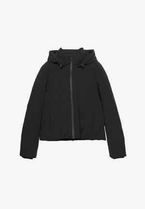 Czarna pikowana kurtka z kapturem, wyposażona w przedni zamek błyskawiczny i regulowane sznurki. Gładka tkanina o lekko błyszczącym wykończeniu.