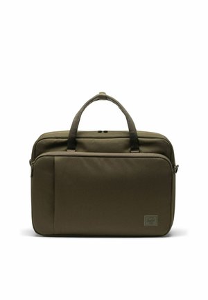 Sacoche d'ordinateur portable rectangulaire vert foncé avec double poignée, poche avant zippée et petite étiquette de marque dans le coin inférieur droit.