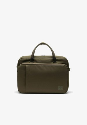 Sacoche d'ordinateur portable rectangulaire vert foncé avec double poignée, poche avant zippée et petite étiquette de marque dans le coin inférieur droit.