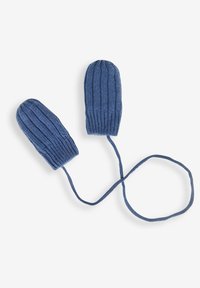 Blaue gestrickte Handschuhe mit gerippter Textur, ausgestattet mit einem verbindenden Band für einfaches Tragen. Abgerundete Spitzen und ein sanftes, gemütliches Erscheinungsbild.