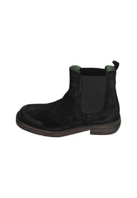 Schwarze Wildleder Chelsea-Boots mit elastischer Seitenpartie, grünem Innenfutter und brauner Gummisohle. Verfügt über eine Zuglasche für einfaches Anziehen.