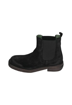 Schwarze Wildleder Chelsea-Boots mit elastischer Seitenpartie, grünem Innenfutter und brauner Gummisohle. Verfügt über eine Zuglasche für einfaches Anziehen.
