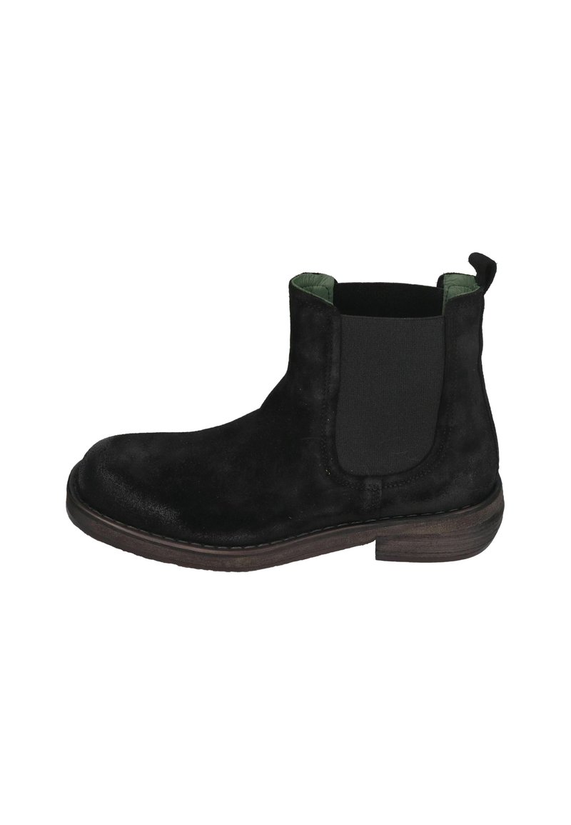 Schwarze Wildleder Chelsea-Boots mit elastischer Seitenpartie, grünem Innenfutter und brauner Gummisohle. Verfügt über eine Zuglasche für einfaches Anziehen.