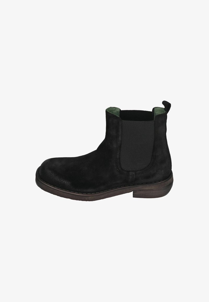 Schwarze Wildleder Chelsea-Boots mit elastischer Seitenpartie, grünem Innenfutter und brauner Gummisohle. Verfügt über eine Zuglasche für einfaches Anziehen.
