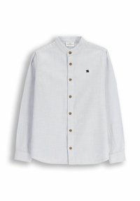 Jasnoniebieska koszula z długim rękawem z kołnierzykiem mandarynkowym, drewnianymi guzikami i małym ciemnym haftowanym logo na piersi. Tkana tkanina.