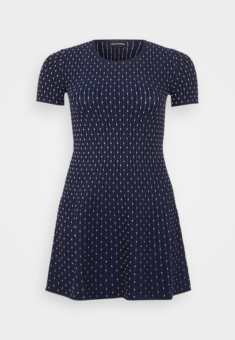 Navy blue short-sleeved dress with a ribbed texture, featuring white polka dots in vertical lines and a flared skirt design.