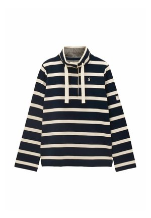 Marineblaue und weiße horizontal gestreifte Langarm-Pullover mit hohem Kragen und cremefarbenen Kordeln, kleines Logo auf der Brust und Aufnäher am Ärmel.