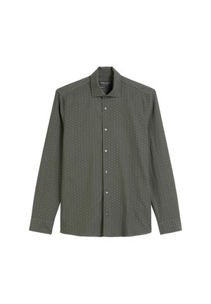 Chemise à manches longues olive avec un motif géométrique discret sur l'ensemble, col pointu et manches à poignets.