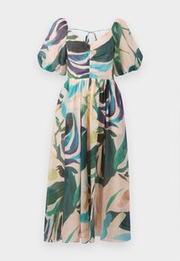 Floral maxi Kleid aus leichtem Stoff. Mit Puffärmeln und einem taillierten Oberteil in Grüntönen, Blau und Pink. Mit Rückenknotenschluss.