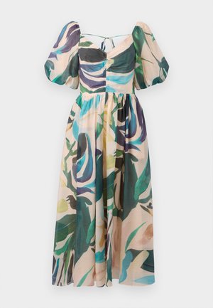 Floral maxi dress in lightweight fabric. Features puff sleeves and a fitted bodice with shades of green, blue, and pink. Back tie closure.