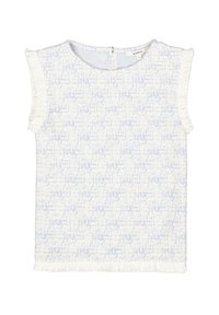 Korte mouw top in lichtblauw en wit textuurstof, met franjes aan de randen en een ritssluiting op de rug.