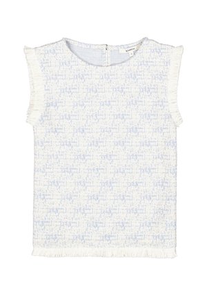 Haut à manches courtes en tissu texturé bleu clair et blanc, avec des bords frangés et une fermeture éclair au dos.