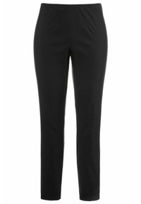 Pantaloni neri con fascia elastica in vita, dal taglio dritto, realizzati in un tessuto liscio senza motivi o decorazioni visibili.