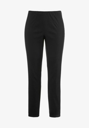Pantalons noirs avec une taille élastique, au design droit, fabriqués dans un tissu lisse sans motifs ni embellissements visibles.