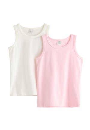 Deux débardeurs en coton pour enfants sans manches, l'un blanc et l'autre rose clair, présentés côte à côte sur un fond blanc.
