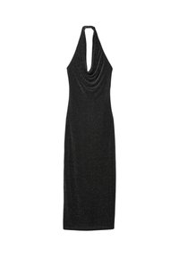 Svart, ärmlös halterklänning med draperad halsringning och figurnära passform; har glänsande, texturerad tyg med subtila glittereffekter.