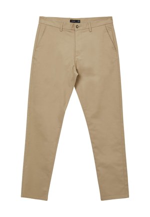 Beige Chinos in schlanker Passform, mit Knopfverschluss, schrägen Seitentaschen und glatter Textur. Tailored Beinöffnungen für eine moderne Silhouette.